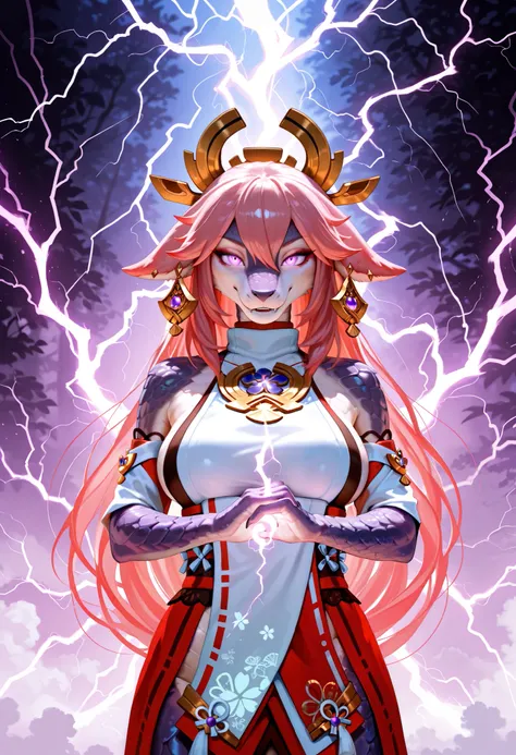 (anthro_dragon,female,high detailed scalie skin, slim body), ultra realistic, full growth, detailed facial features, big fake breasts, Yae Miko, character in the form of a dragon, pathos pose, lightning in hand, glowing eyes, electical aura, purple lightni...