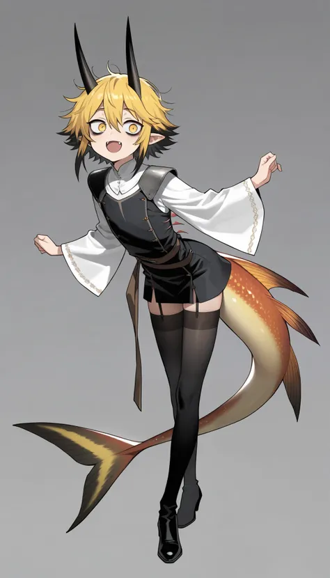 best quality , very detailed ,(anthropomorphic amphibian boy :1,7), dark circles under the eyes , yellow eyes ,(long fish tail :1,8), lush disheveled hair, horns, fangs, hanging gills ,pilot, female , slim, Perfect body , Cute, ...