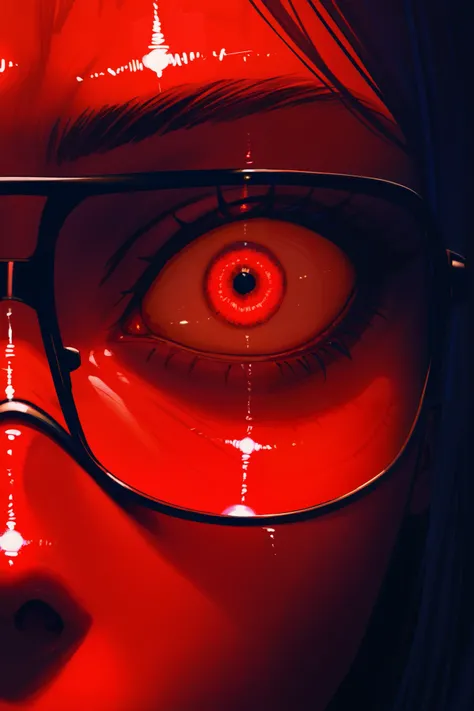 A close up of wide-eyed eyes in the dark, with flashing lights , horror movie style, shades of blue and red, ultra-realistic details.