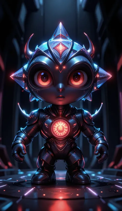 digital mascot called "Tempus" for the technology company Chronova. Main body shaped like a translucent crystalline diamond with facets that reflect light in shades of deep blue (#1D3557). In the center of the diamond, a bright red pulsating core (#E63946)...