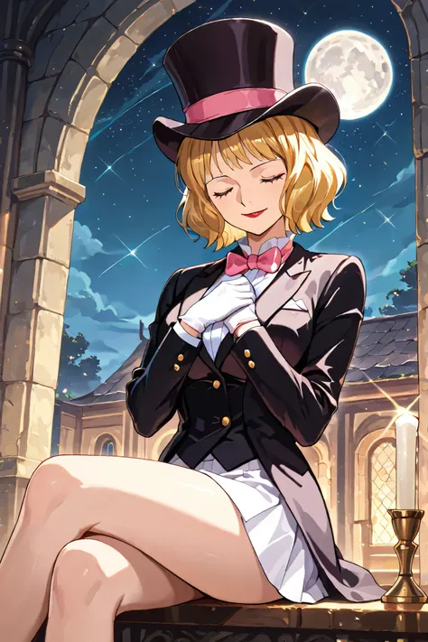 (masterpiece, 2k, high detail) solo, 1girl, stussy, one piece, short hair, blonde hair, red lipstick, blue eyes, sleek legs,( large black silk top hat, pink band) black tuxedo jacket, white shirt under tuxedo jacket, pink bowtie, white miniskirt, ((white ...