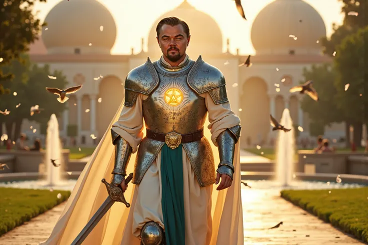 Leonardo DiCaprio reimagined as the embodiment of the Baháʼí Faith in the form of a radiant and dignified medieval knight, walking through a garden of unity and light, dramatic atmosphere, 1 male, full body photo,
Golden-blonde hair swept back beneath a r...
