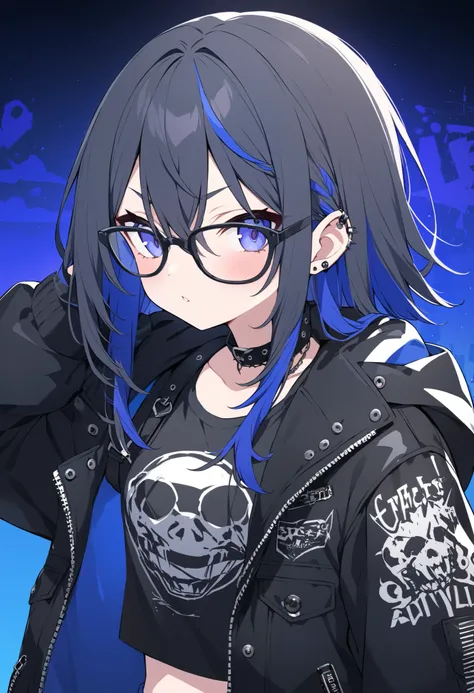  black tabby glasses、punk rock style、Ultramarine Hair