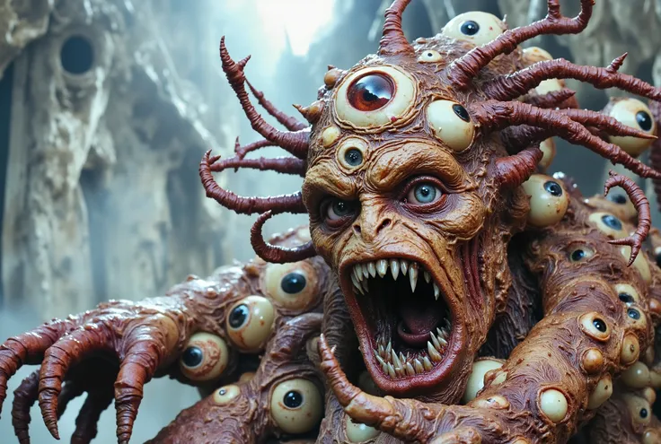 a monster made of eyeballs, highly detailed, photorealistic, 8K, hyperrealistic, dramatic lighting, gothic horror atmosphere, dark fantasy, inspired by Bloodbourne Darksouls Lovecraftian Eldritch, detailed eldritch horror, twisted and grotesque features, t...
