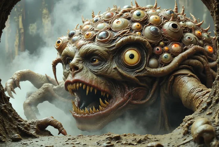 a monster made of eyeballs, highly detailed, photorealistic, 8K, hyperrealistic, dramatic lighting, gothic horror atmosphere, dark fantasy, inspired by Bloodbourne Darksouls Lovecraftian Eldritch, detailed eldritch horror, twisted and grotesque features, t...