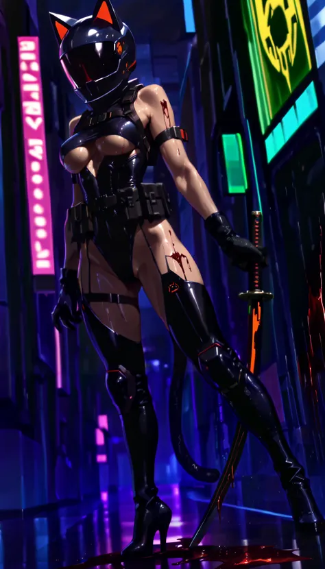 Best quality, masterpiece, (((1girl))), (((solo))), dense cyberpunk city background, dense city street, neon lit street, raining, night time, wet skin, cyberpunk, anime, full-face helmet with cat ears, red motorcycle helmet, red glowing cat ears, hourglass...
