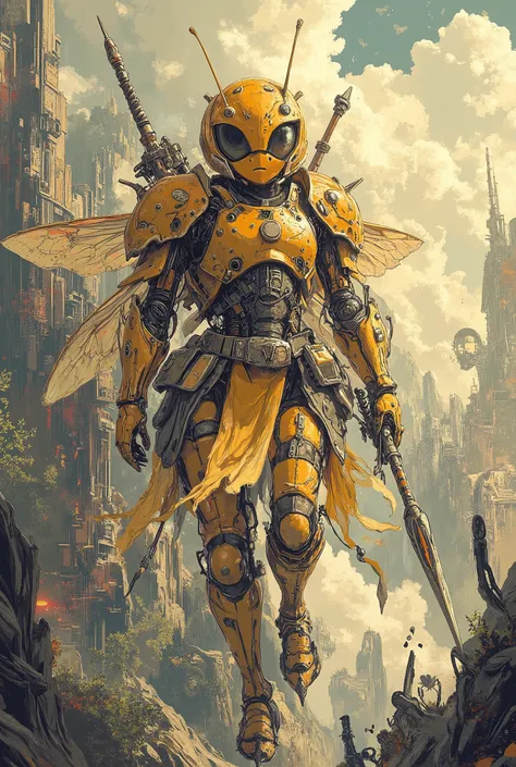 bee warrior ,fantasy armor, Meisterwerk, Best quality, Super Detail,4k,fliegend, bright light in the background , extremely detailed 8k photo with very realistic presentation, Dramatic lighting, kinematic composition, epic fantasy scene ,holds a spear,epic...