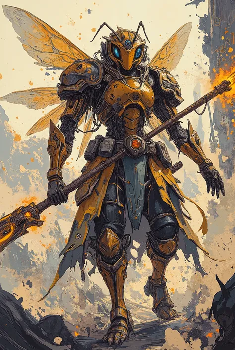 bee warrior ,fantasy armor, Meisterwerk, Best quality, Super Detail,4k,fliegend, bright light in the background , extremely detailed 8k photo with a very realistic presentation, Dramatic lighting, kinematic composition, epic fantasy scene ,Holds a cyber fu...