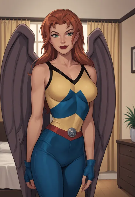 safe_pos, PonyXLV6_Scores BREAK ((retro artstyle, parody)), perfect anatomy, cowboy shot) shayera hol, wings, long hair, green eyes, ((looking at viewer)), superhero, blue bustier, blue pants, curvy, athletic, large breasts, indoors, smiling, closed mouth,...