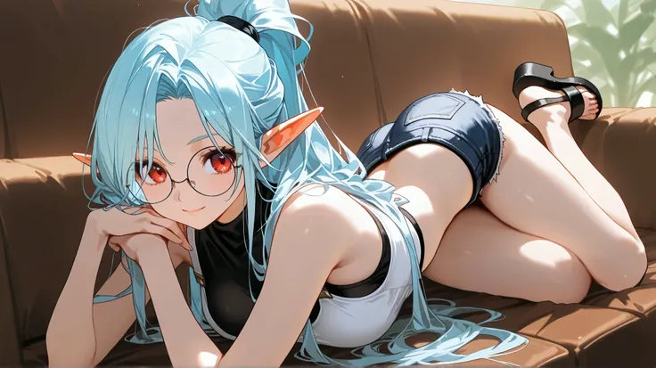 a girl , elf girl , cool beauty , youthful look , light blue hair , beautiful fine hair , long hair , hair tied in a ponytail on the right side , red eyes , oval glasses , open black jumper , white crop top , blue denim mini shorts , bare legs , black sand...