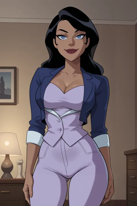PonyXLV6_Scores BREAK ((parody) perfect anatomy, perfect eyes, cowboy shot), BREAK zatanna zatara, long hair, black hair, dark-skinned female, blue eyes, lipstick, ((looking at viewer)), purple bustier, purple pants, large breasts, curvy, athletic, standi...