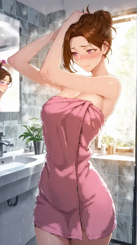 Masterpiece, 1milf, ERO404 style, brown hair, mature female, purple eyes, short hair, single hair bun, (thick eyebrows:0.7), dynamic lighting, ultra detailed, highres, absurdres, home,stunning visual cg, (shy demeanor, bathroom, bath towel, tying hair), me...