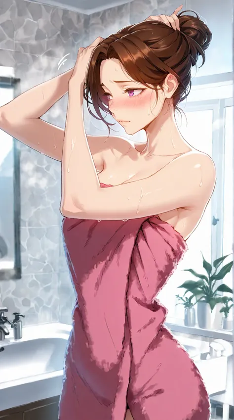 Masterpiece, 1milf, ERO404 style, brown hair, mature female, purple eyes, short hair, single hair bun, (thick eyebrows:0.7), dynamic lighting, ultra detailed, highres, absurdres, home,stunning visual cg, (shy demeanor, bathroom, bath towel, tying hair), me...