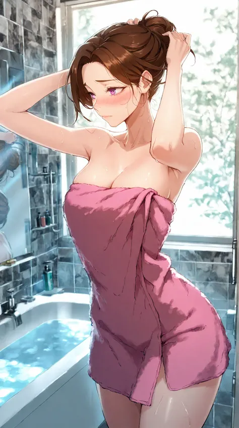 Masterpiece, 1milf, ERO404 style, brown hair, mature female, purple eyes, short hair, single hair bun, (thick eyebrows:0.7), dynamic lighting, ultra detailed, highres, absurdres, home,stunning visual cg, (shy demeanor, bathroom, bath towel, tying hair), me...