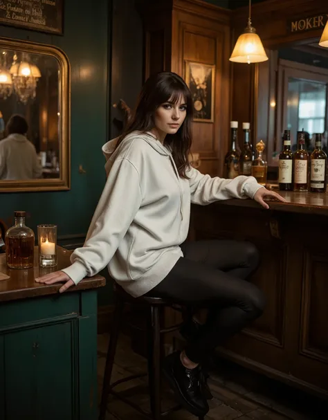 Cinematic portrait of a striking woman with long, dark hair and soft bangs partially veiling her face. Her confident, mysterious gaze locks onto the viewer. She wears snug black leggings and an oversized white hoodie, blending casual comfort with form-fit...