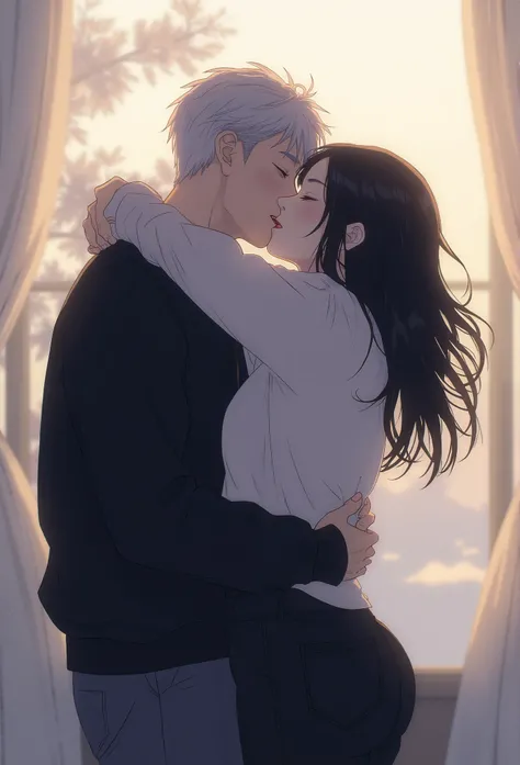 Satoru Gojo, 28 years old, eyes closed ,and short, slightly wavy white hair, dressed in a black sweatshirt and dark pants, kissing on the lips, a 27 year old, woman, with olive green eyes, long, dark wavy hair, dressed in a white button-down blouse, and bl...