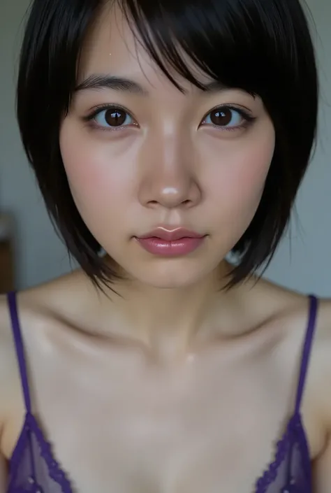 (( best quality work )), ((masterpiece)), ( details), First-person perspective ,1 Girl, sexy,( Bringing Your Face Closer ),((Wide Mouth )),((Big Breasts, purple underwear, short bob hair)), black hair , ((Small eyes, without makeup))