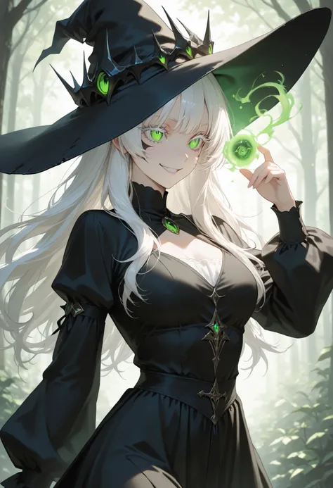 Beautiful, solo, long hair, white hair, white eyelashes, green eyes, sharp eyes, black shirt, black dress, witch, black pointed hat, magic eyes, smile facial