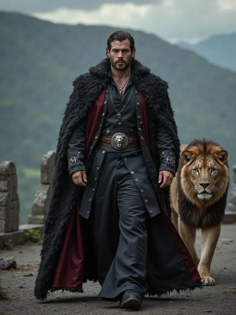Henry Cavill reimagined as a majestic reimagined as dark gothic Tarot card Strength walking, next to him walks a large majestic lion、dramatic atmosphere, 1 male、
Wavy, dark chestnut hair swept back from a strong, angular face, with a trace of shadow along ...