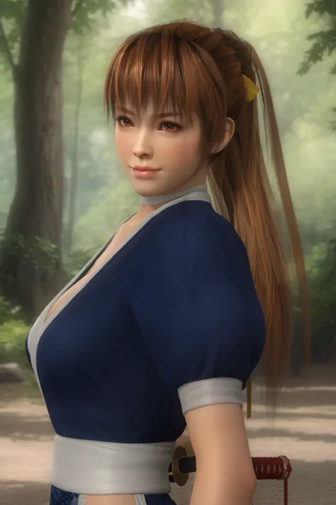 score_9, score_8_arriba, score_7_arriba, kasumidoa5lr, Kasumi, pelvic curtain outfit, choker, forest, blurred background, a girl, Alone , long hair, ponytail, breasts, large breasts, neckline, smile, looking at the spectator