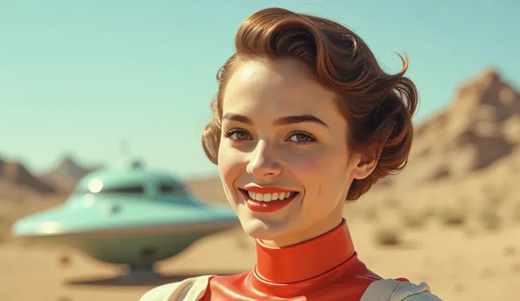 Portrait of a joyful young woman in a bright red, high-collared latex bodysuit. Her hair is a short, glossy bob, and she wears subtle, soft makeup with a strong orange-pink lipstick. Her smile is warm and sincere. Behind her, out of focus, floats a pale te...