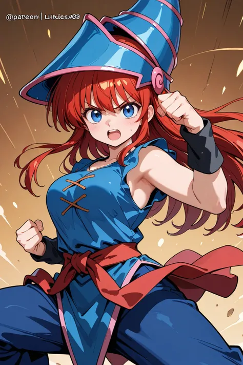 Dark magician gils like Ranma. red hair. blue eyes. karate fighting pose. Dark magician gils with red hair Ranma costume