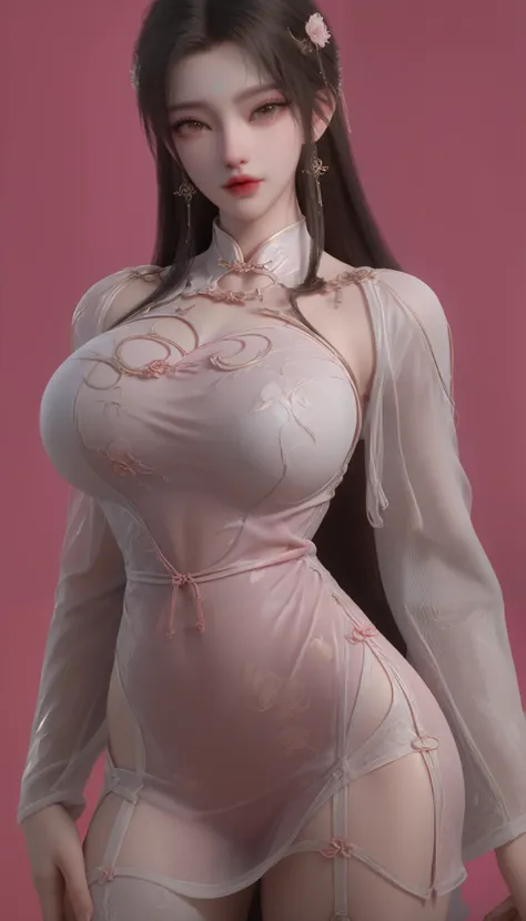 solo,long hair,brown eyes,black hair,garter belt,big breasts,round breasts,1 girl,heterosexual,focus on women,close up,concept art,pink cheongsam,short cheongsam,see-through cheongsam,pale skin,beautiful face,white skin,simple background,pink background,bi...