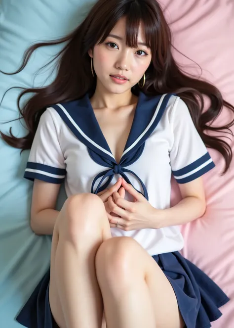 (photos, highest quality, 4K, High resolution, masterpiece, Genuine, Realistic, Realistic:1), ((upper boddy shot, from front, single image)), perfect figure, very pretty, Japanese high school student lie down,
raise up leg, knee, background colored bed s...