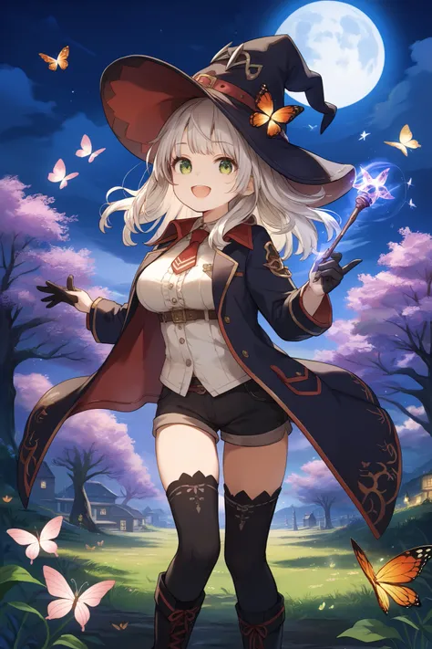 best quality, integrated scenery, integrated background, extremely delicate and beautiful, meticulous details, good composition, , cute face, perfect face, perfect hands,masterpiece, best quality, witch hat, black gloves, thighhighs, looking at viewer, smi...