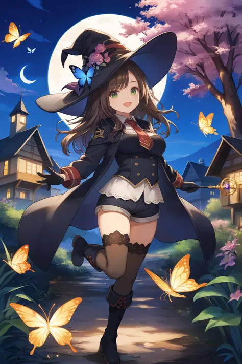 best quality, integrated scenery, integrated background, extremely delicate and beautiful, meticulous details, good composition, , cute face, perfect face, perfect hands,masterpiece, best quality, witch hat, black gloves, thighhighs, looking at viewer, smi...