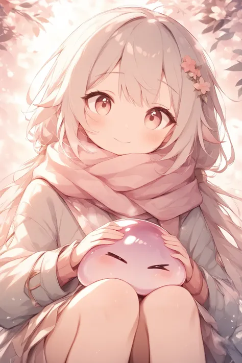 (masterpiece:1.2),high quality of wavy lines、very breathtaking、beautiful details、best quality、((Three-dimensional works))、warm, pale hues、fantasy world of the woman on the right、slime and adventurer girl、((cute slime))