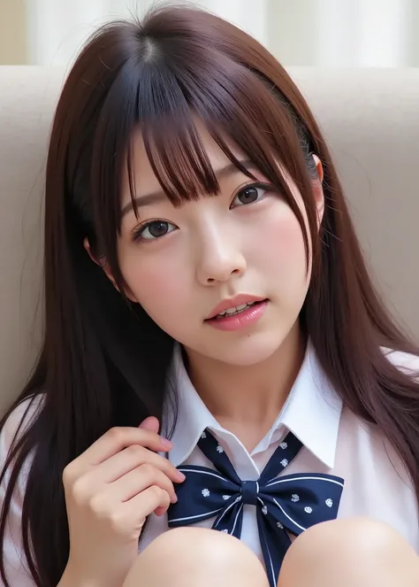 ( photos, upper body shot), perfect figure, very pretty, Japanese high school student, office reception room, lie down on your back on the sofa, Japanese sailor school shirts, disdain the viewer, Photos taken from above by viewers, Suggested gender, upper ...