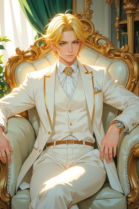 Homem loiro. looking young. Estilo: anime. green eyes. Realeza. formal white clothing . Ambiente: mansion. Sitting on a luxurious white sofa. Smile at the corner of the mouth. Leg bent above the knee.