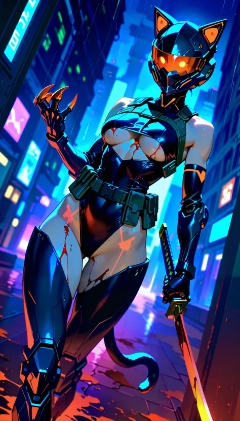 Best quality, masterpiece, (((1girl))), (((solo))), dense cyberpunk city background, dense city street, neon lit street, raining, night time, wet skin, cyberpunk, anime, full-face helmet with cat ears, black helmet, red glowing cat ears, hourglass figure, ...