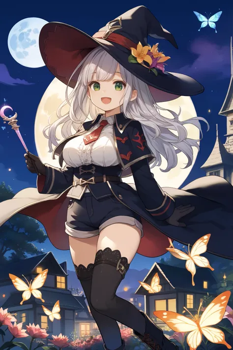 best quality, integrated scenery, integrated background, extremely delicate and beautiful, meticulous details, good composition, , cute face, perfect face, perfect hands,masterpiece, best quality, witch hat, black gloves, thighhighs, looking at viewer, smi...