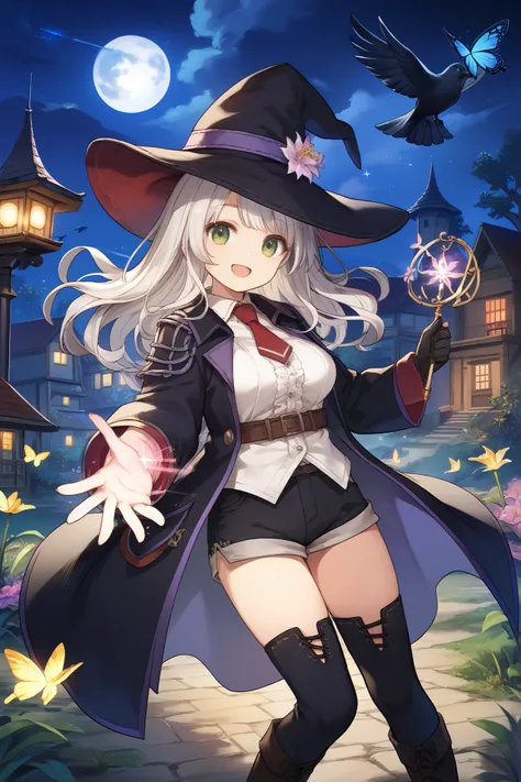 best quality, integrated scenery, integrated background, extremely delicate and beautiful, meticulous details, good composition, , cute face, perfect face, perfect hands,masterpiece, best quality, witch hat, black gloves, thighhighs, looking at viewer, smi...