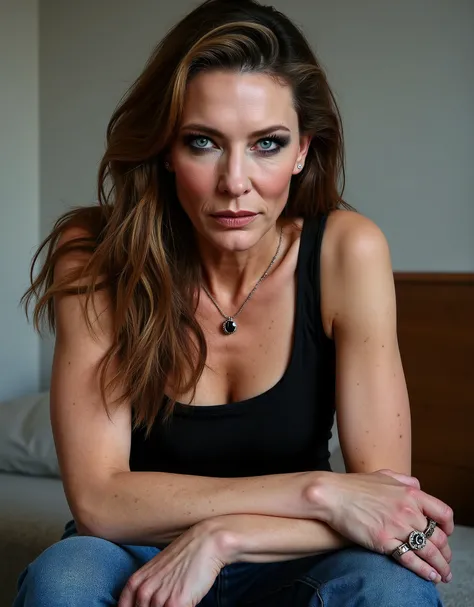 score_9, picture of 1girl, mature, 63 years old, sexy body, sexy posing, european, full body visible, posing, standing, dominant, goddess, seductive posing,standing, Long brown hair, fit, long legs, bright blue eyes, ((small skinny waist)), feminine, (skin...