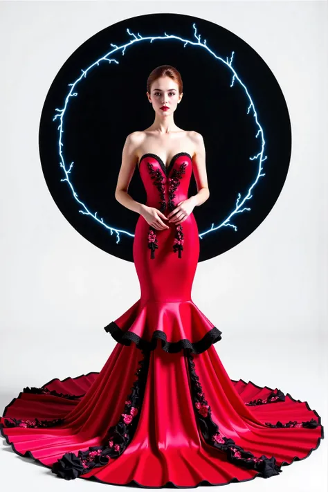 A very tall attractive young woman, f_b, is modeling a red silk and satin mermaid style extra full-length gown with a flared skirt that extends several yards in circumference on the floor around her feet with black embroidery at the end of the circle of fa...