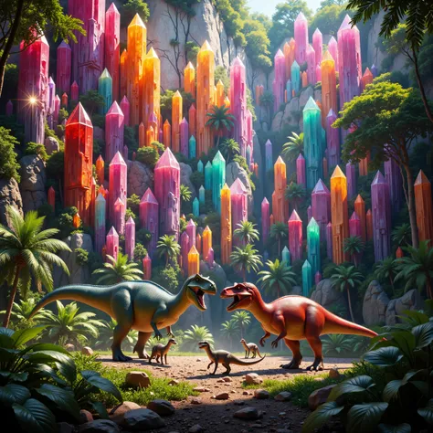 Tropical rainforest, 100 ft. tall cliff made up of gigantic quartz crystals points that are multicolored translucent pillars in hues of Pink, Red, Orange, Yellow, Green, Blue, and purple, there are thousands of quartz crystal formations on the sheer wall ...