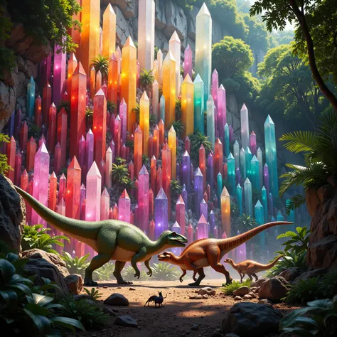 Tropical rainforest, 100 ft. tall cliff made up of gigantic quartz crystals points that are multicolored translucent pillars in hues of Pink, Red, Orange, Yellow, Green, Blue, and purple, there are thousands of quartz crystal formations on the sheer wall ...