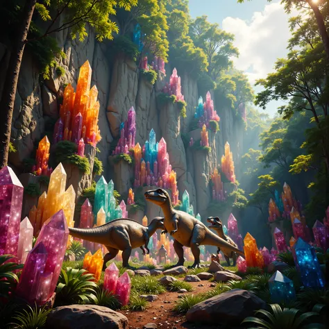 Tropical rainforest, 100 ft. tall cliff made up of gigantic quartz crystals points that are multicolored translucent pillars in hues of Pink, Red, Orange, Yellow, Green, Blue, and purple, there are thousands of quartz crystal formations on the sheer wall ...
