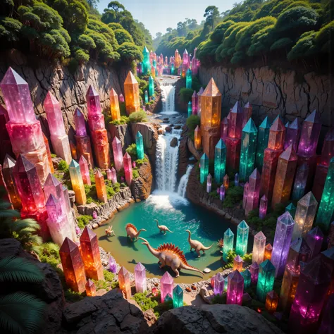 A cliff that is 300 feet tall made up of gigantic quartz crystal points that are multicolored translucent pillars in a tropical rainforest. In the middle of these skyscraper sized quartz crystals is an incredible gushing cascading waterfall that pours into...
