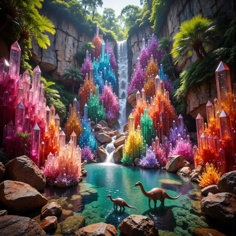 A cliff that is 300 feet tall made up of gigantic quartz crystal points that are multicolored translucent pillars in a tropical rainforest. In the middle of these skyscraper sized quartz crystals is an incredible gushing cascading waterfall that pours into...