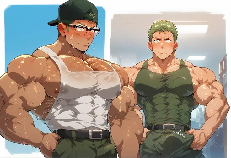 Roronoa Zoro, tanned skin, buzz cut, baseball cap backwards, tanktop, cargo pants, muscular, muscles, big biceps, broad shoulders, massive pecs, sweaty, hairy chest,  blank expression, vacant stare, hypnotized, brainwashed, focused, High Resolution, a youn...