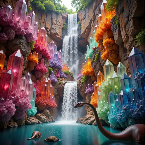 . A cliff that is 300 feet tall made up of gigantic quartz crystal points that are multicolored translucent pillars in a tropical rainforest. In the middle of these skyscraper sized quartz crystals is an incredible gushing cascading waterfall that pours in...