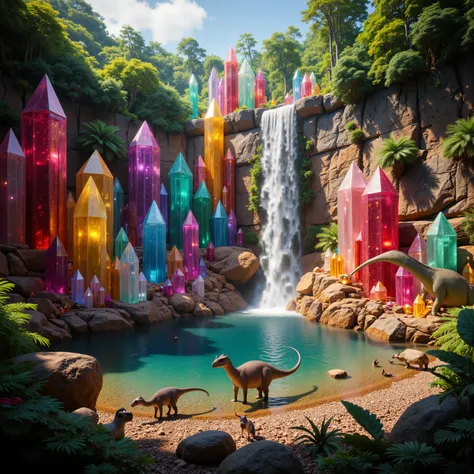 . A cliff that is 300 feet tall made up of gigantic quartz crystal points that are multicolored translucent pillars in a tropical rainforest. In the middle of these skyscraper sized quartz crystals is an incredible gushing cascading waterfall that pours in...