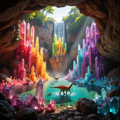 . A cliff that is 300 feet tall made up of gigantic quartz crystal points that are multicolored translucent pillars in a tropical rainforest. In the middle of these skyscraper sized quartz crystals is an incredible gushing cascading waterfall that pours in...