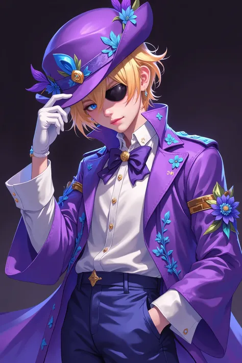 blond boy. Estilo: anime. Jovem. Purplish hat with blue details (chamativo, com flores). blue pants. Duke outfit. Purple clothing that is very wide up to the sleeves. white gloves. Matching eye patch. Slight Smile. Pose holding the tip of the hat. dark an...