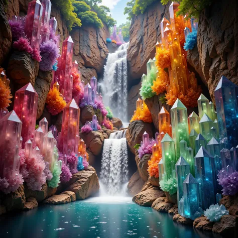 . A cliff that is 300 feet tall made up of gigantic quartz crystal points that are multicolored translucent pillars in a tropical rainforest. In the middle of these skyscraper sized quartz crystals is an incredible gushing cascading waterfall that pours in...