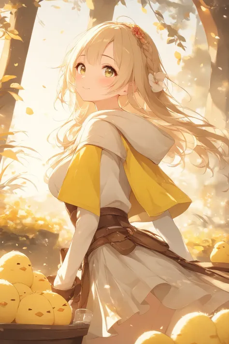 (masterpiece:1.2),high quality of wavy lines、very breathtaking、beautiful details、best quality、((Three-dimensional works))、warm, pale hues、fantasy world of the woman on the right、chick and adventurer girl、((Cute chick))